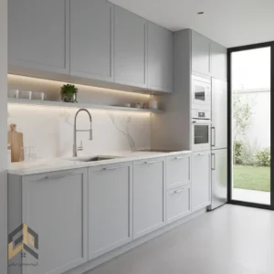آشپزخانه مینیمال با کابینت‌های خاکستری روشن (Light Gray) و لوازم استیل برای فضای کوچک.