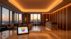 مدیریت سیستم نورپردازی هوشمند با موبایل در خانه مدرن.