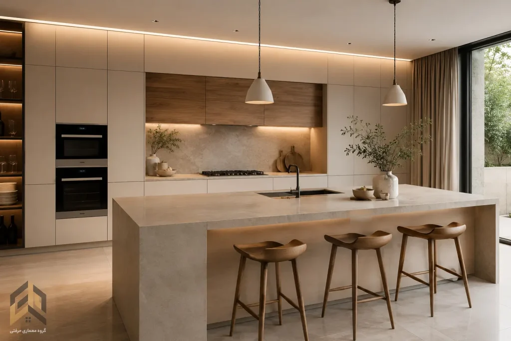 کابینت مینیمال کرم و چوب طبیعی